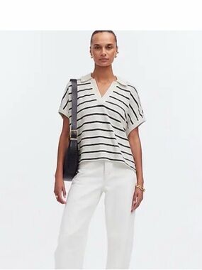 Madewell Relaxed V-Neck Polo Shirt in Stripe Black and White Striped